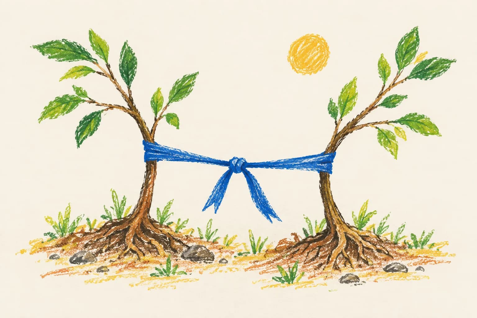 Two growing saplings pulling a shared blue ribbon taut