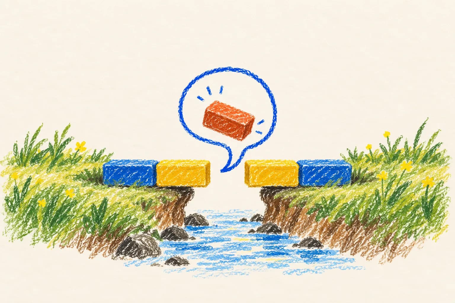 A speech bubble lowering the missing block into a crayon bridge over a stream